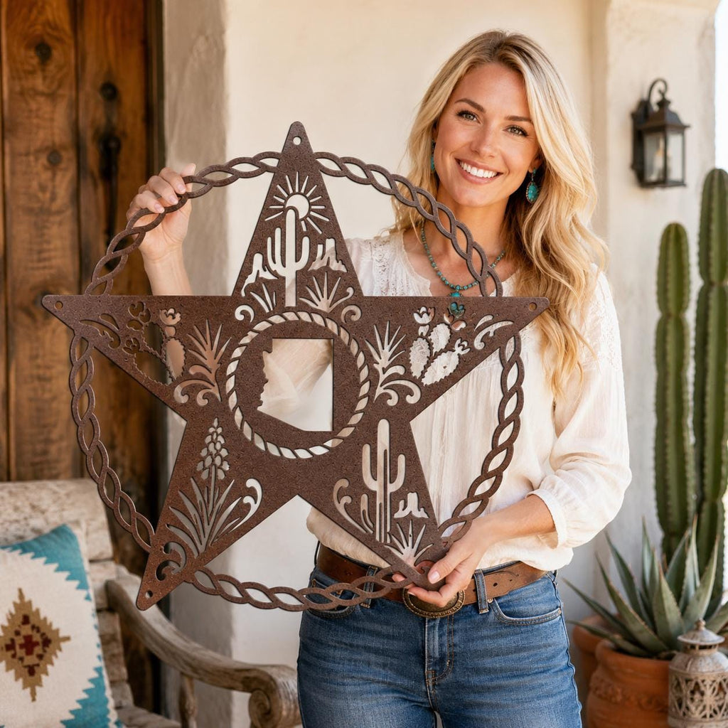 Arizona Metal Wall Art, Saguaro Cactus Star Sign, Rustic Sonoran Steel Decor, Western Ranch Accent, Braided Rope Outdoor Patio Hanging