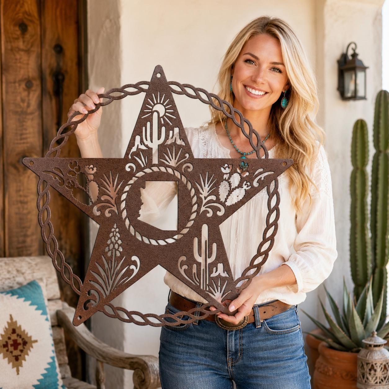 Arizona Metal Wall Art, Saguaro Cactus Star Sign, Rustic Sonoran Steel Decor, Western Ranch Accent, Braided Rope Outdoor Patio Hanging