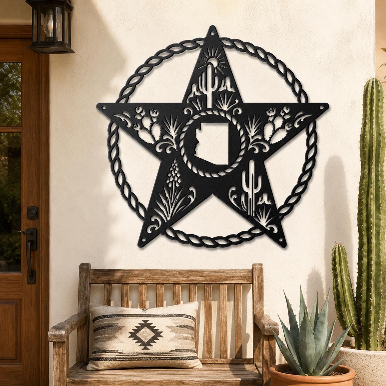 Arizona Metal Wall Art, Saguaro Cactus Star Sign, Rustic Sonoran Steel Decor, Western Ranch Accent, Braided Rope Outdoor Patio Hanging