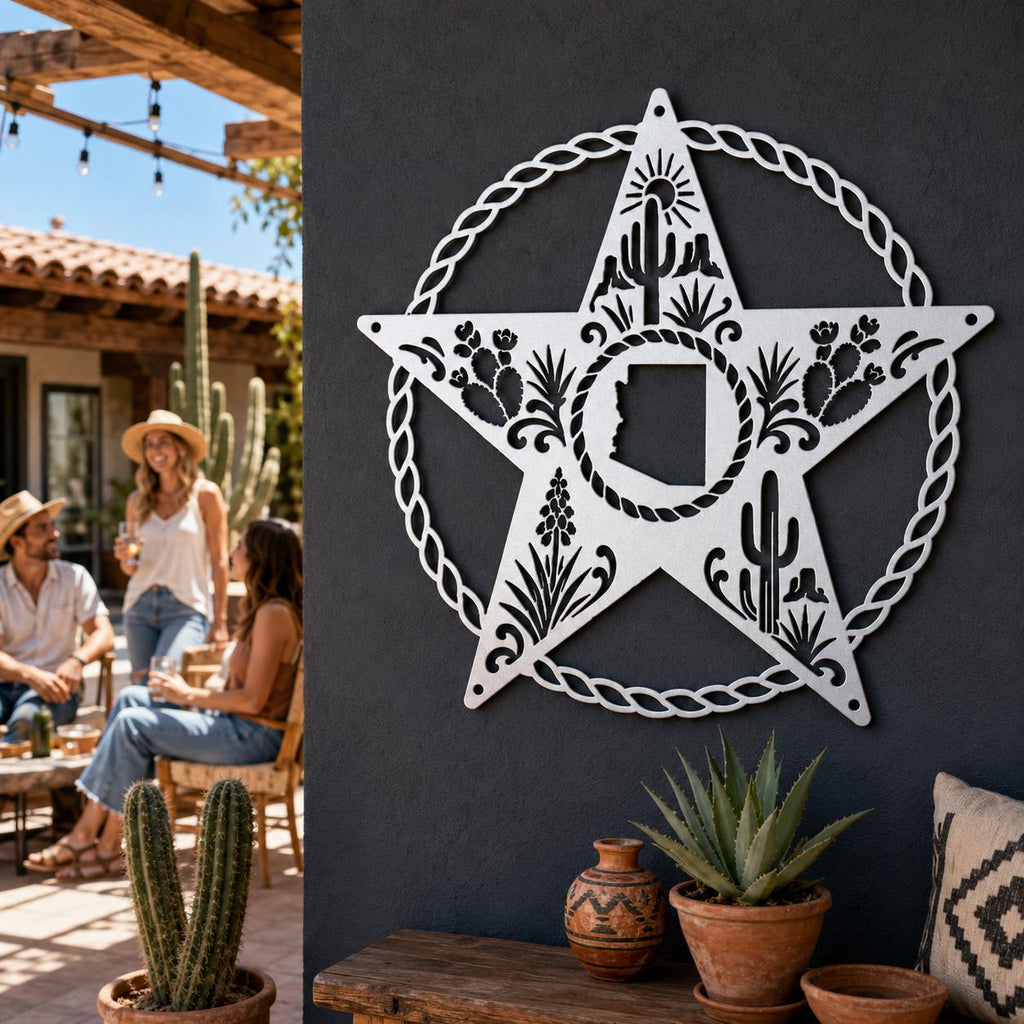 Arizona Metal Wall Art, Saguaro Cactus Star Sign, Rustic Sonoran Steel Decor, Western Ranch Accent, Braided Rope Outdoor Patio Hanging