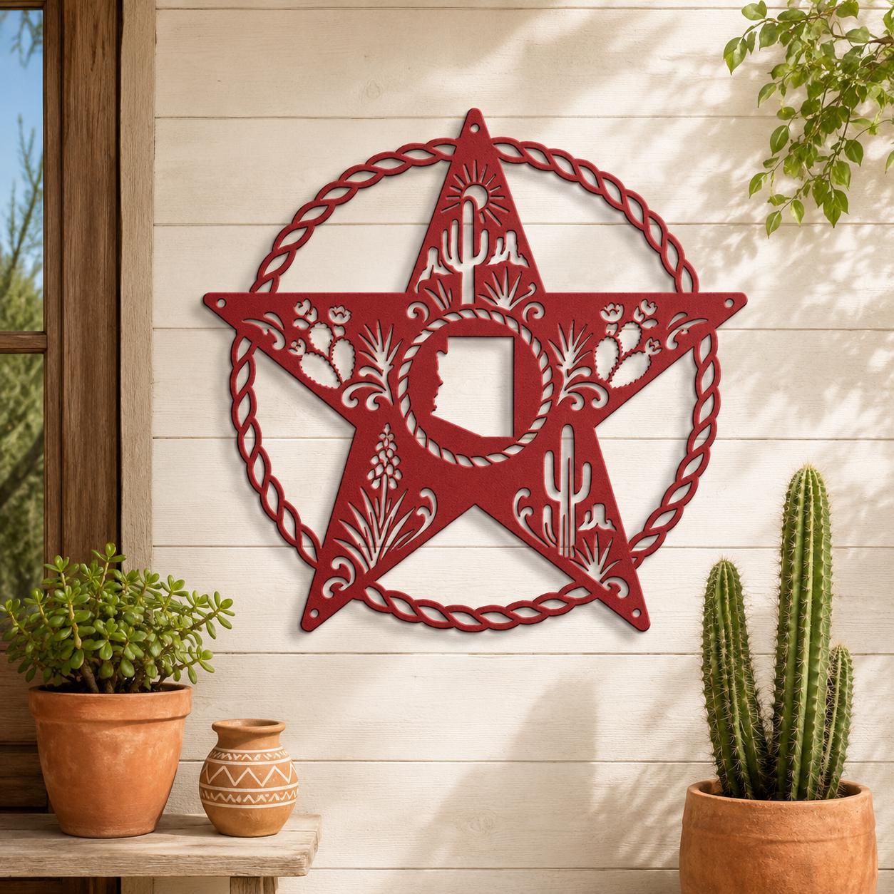 Arizona Metal Wall Art, Saguaro Cactus Star Sign, Rustic Sonoran Steel Decor, Western Ranch Accent, Braided Rope Outdoor Patio Hanging