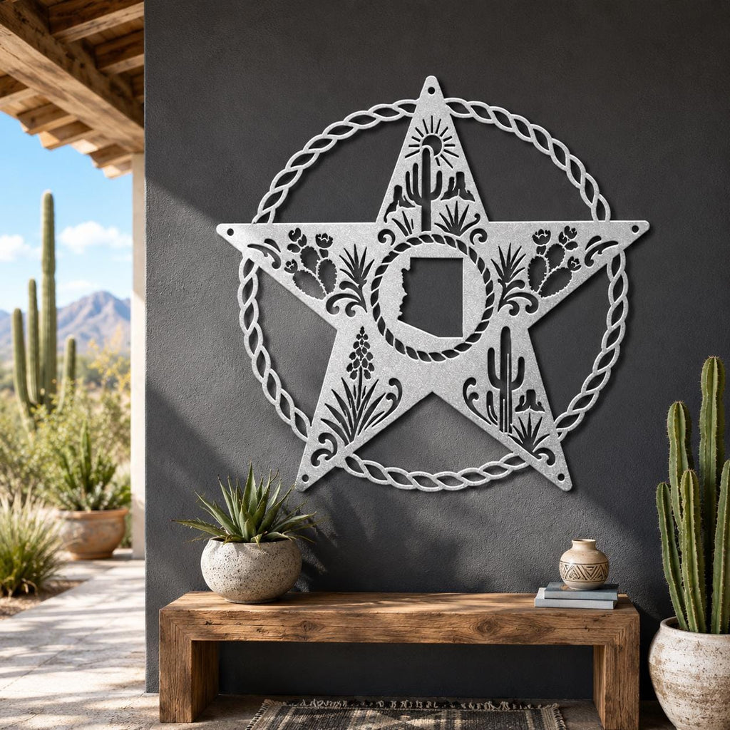 Arizona Metal Wall Art, Saguaro Cactus Star Sign, Rustic Sonoran Steel Decor, Western Ranch Accent, Braided Rope Outdoor Patio Hanging