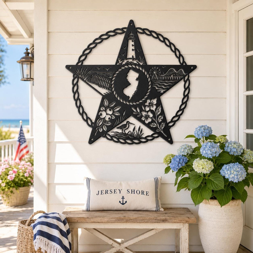 New Jersey Metal Sign, Coastal Star Wall Art, Garden State Beach House Decor, Lighthouse Boardwalk Steel Plaque, Nautical Shore Home Gift