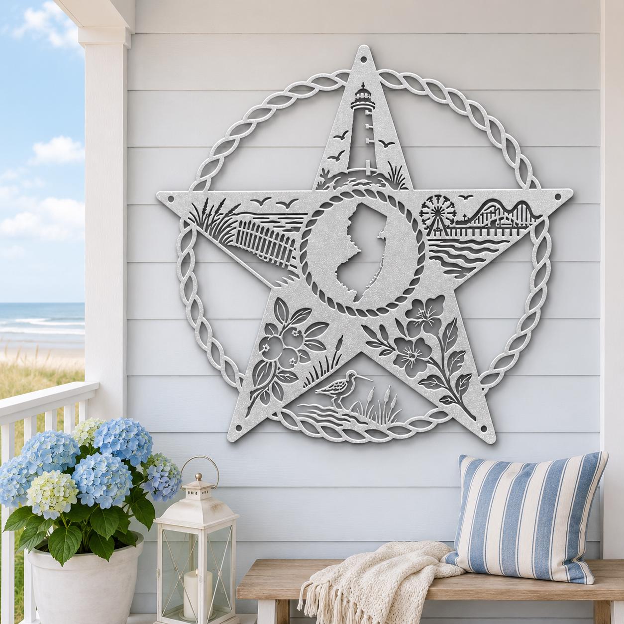 New Jersey Metal Sign, Coastal Star Wall Art, Garden State Beach House Decor, Lighthouse Boardwalk Steel Plaque, Nautical Shore Home Gift