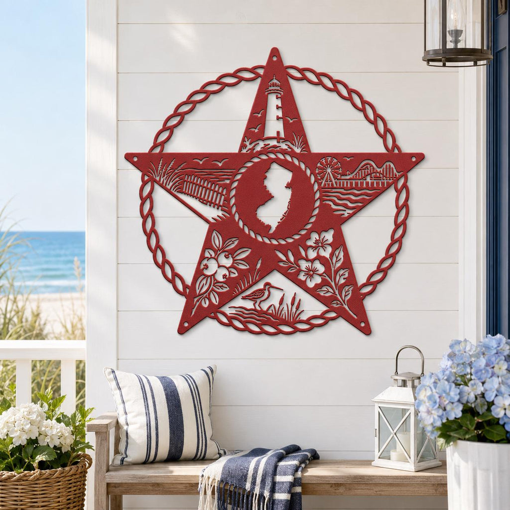 New Jersey Metal Sign, Coastal Star Wall Art, Garden State Beach House Decor, Lighthouse Boardwalk Steel Plaque, Nautical Shore Home Gift