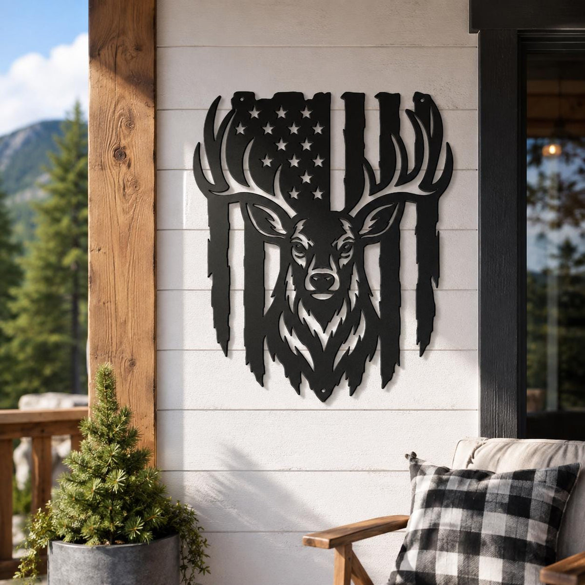Deer American Flag Metal Wall Art, Rustic Buck Cabin Style, Patriotic Hunting Lodge Sign, Sportsman Gift, Nature Home Accent, Country Decor