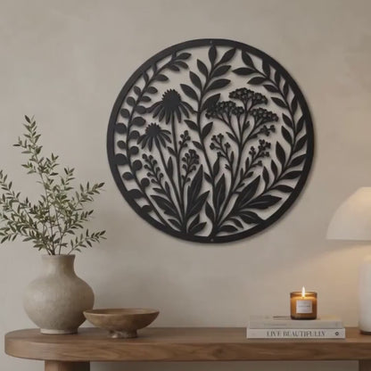 Wildflower Metal Wall Art, Botanical Steel Sign, Floral Garden Decor, Round Nature Plaque, Rustic Farmhouse Entryway Housewarming Gift