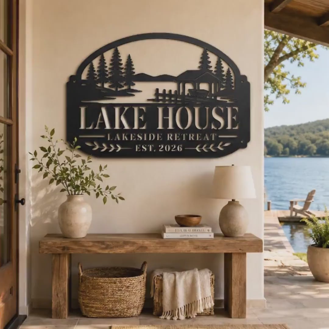 Lake House Metal Sign, Lakeside Retreat Wall Decor, Rustic Cabin Plaque, Waterfront Cottage Entryway Gift, Outdoor Porch Accent