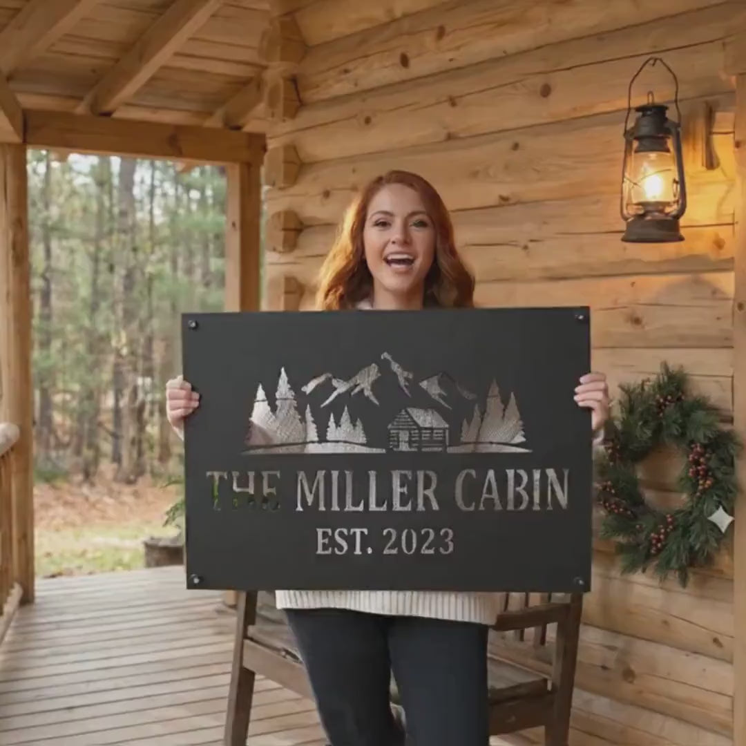 Personalized Metal Cabin Sign, Mountain Cabin Wall Art, Die Cut Rustic Decor (customizable)