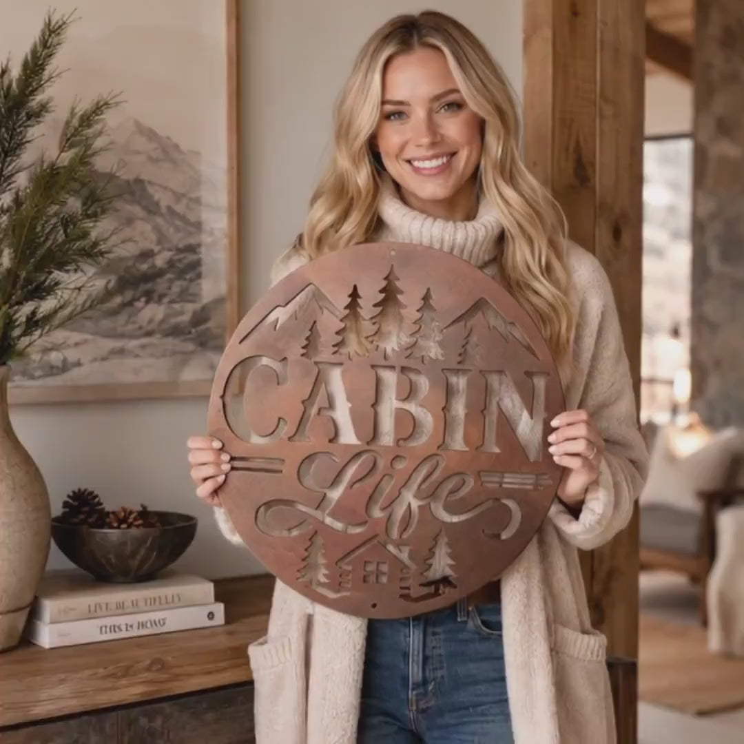 Rustic Cabin Metal Sign, Mountain Pine Tree Wall Decor, Lodge Housewarming Gift, Woodland Retreat Art, Steel Circle Home Accent