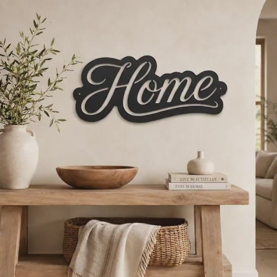 Script Home Metal Sign, Warm Front Door Wall Decor, Rustic Entryway Plaque, Farmhouse Porch Housewarming Gift, Cursive Accent Art