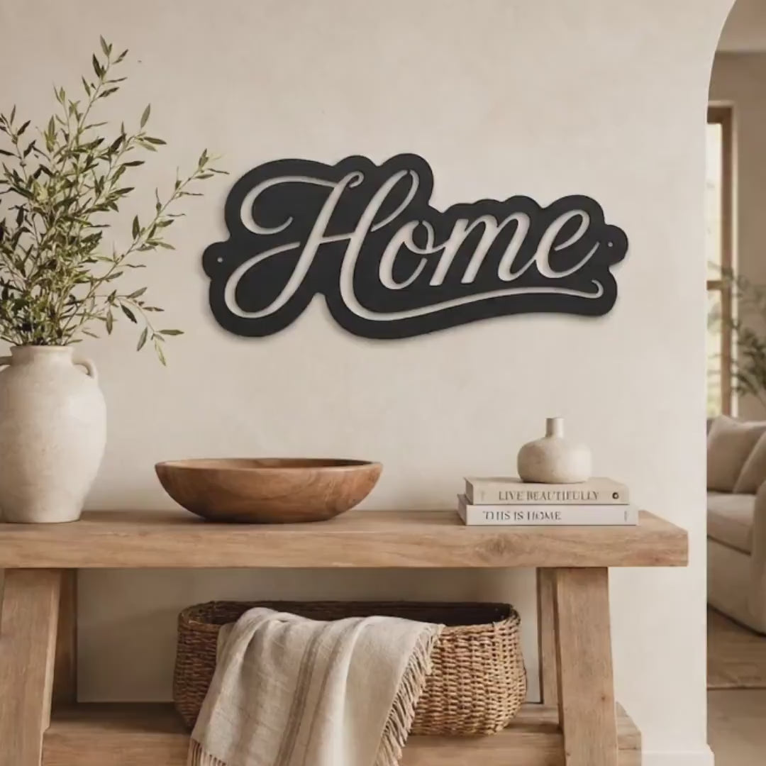 Script Home Metal Sign, Warm Front Door Wall Decor, Rustic Entryway Plaque, Farmhouse Porch Housewarming Gift, Cursive Accent Art