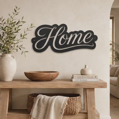Script Home Metal Sign, Warm Front Door Wall Decor, Rustic Entryway Plaque, Farmhouse Porch Housewarming Gift, Cursive Accent Art