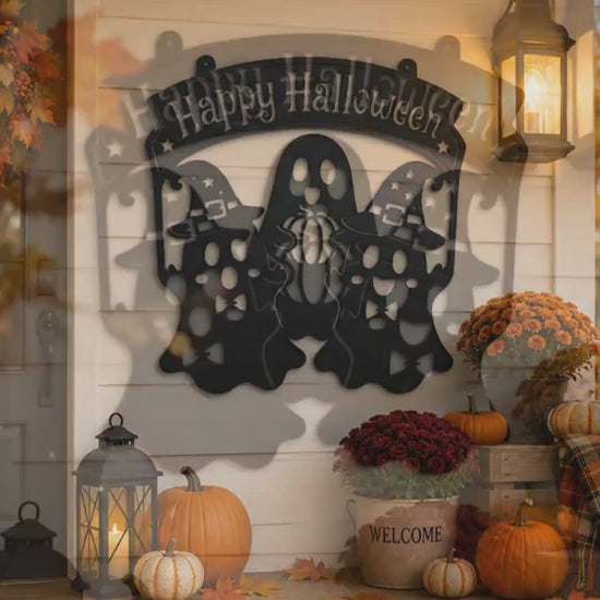 Happy Halloween Metal Sign, Ghost Witch Wall Decor, Spooky Steel Plaque, Fall Porch Decoration, Rustic Entryway Accent, Cute Holiday Display