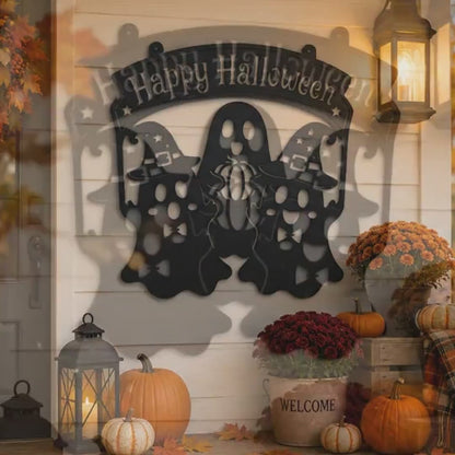 Happy Halloween Metal Sign, Ghost Witch Wall Decor, Spooky Steel Plaque, Fall Porch Decoration, Rustic Entryway Accent, Cute Holiday Display