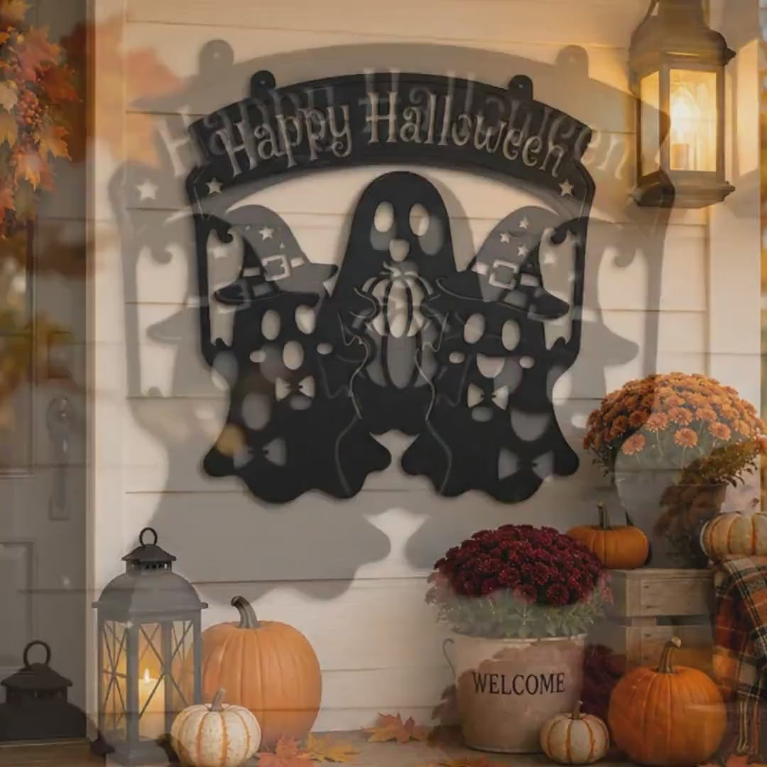 Happy Halloween Metal Sign, Ghost Witch Wall Decor, Spooky Steel Plaque, Fall Porch Decoration, Rustic Entryway Accent, Cute Holiday Display