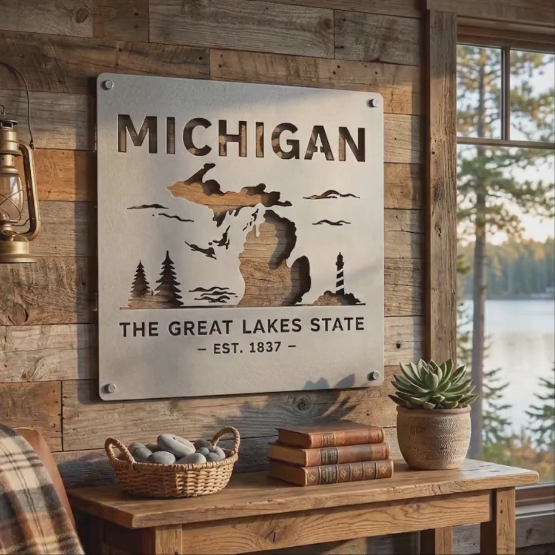 Michigan Metal Wall Art – Rustic Great Lakes State Sign, Michigan Wall Decor, Cabin Metal Wall Art, Lake House Decor, Michigan Home Sign
