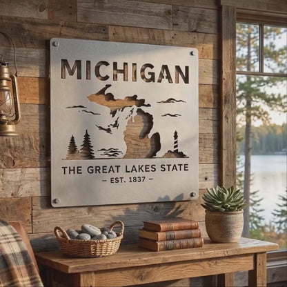Michigan Metal Wall Art – Rustic Great Lakes State Sign, Michigan Wall Decor, Cabin Metal Wall Art, Lake House Decor, Michigan Home Sign