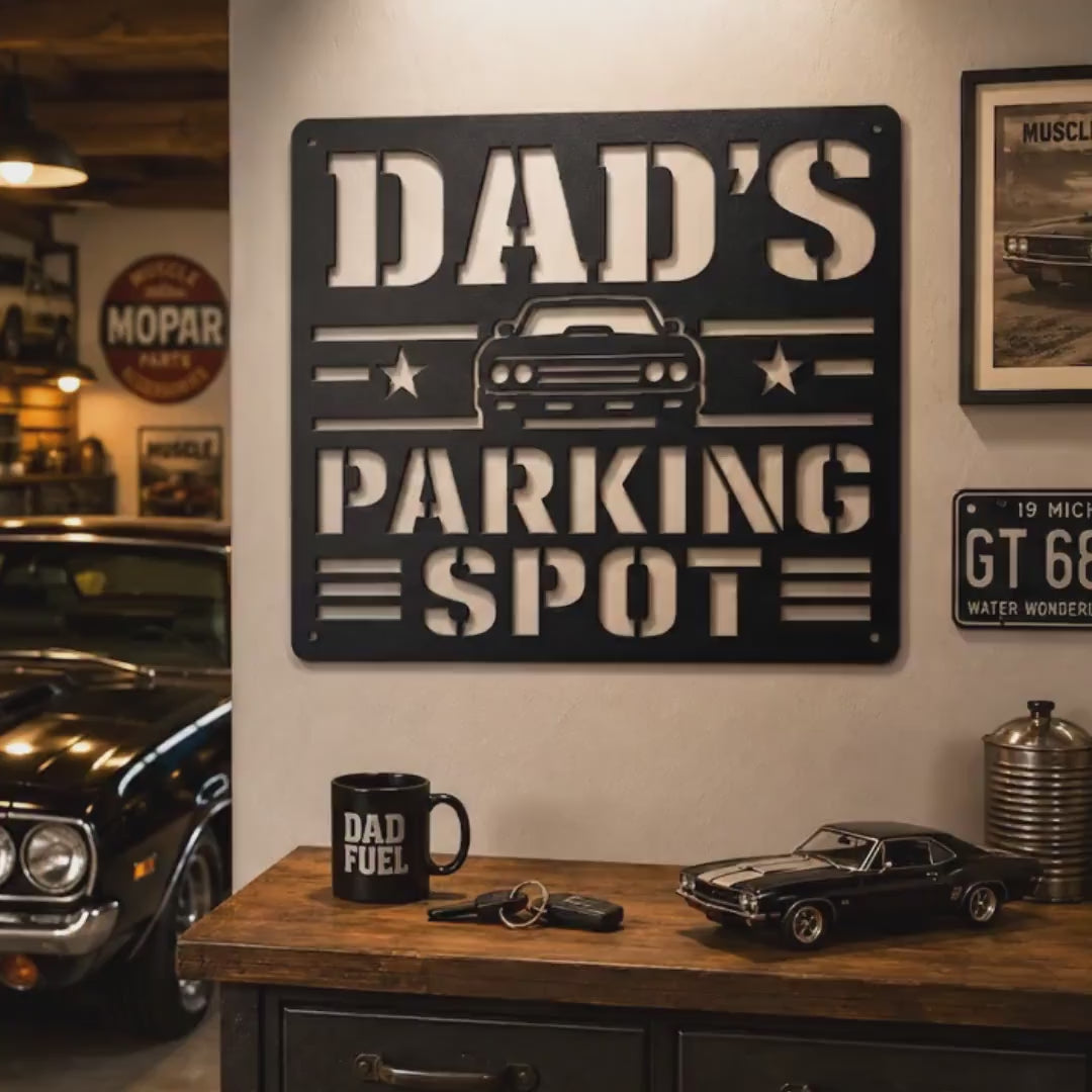 Dad's Parking Spot Metal Sign, Garage Wall Decor, Father's Day Steel Plaque, Classic Car Art, Mechanic Gift For Him, Man Cave Auto Accent