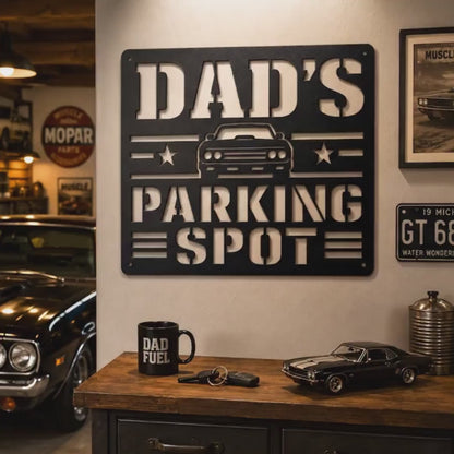 Dad's Parking Spot Metal Sign, Garage Wall Decor, Father's Day Steel Plaque, Classic Car Art, Mechanic Gift For Him, Man Cave Auto Accent