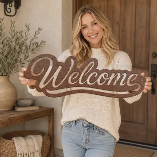 Script Welcome Metal Sign, Horizontal Front Door Wall Decor, Rustic Entryway Plaque, Farmhouse Porch Housewarming Gift, Cursive Art