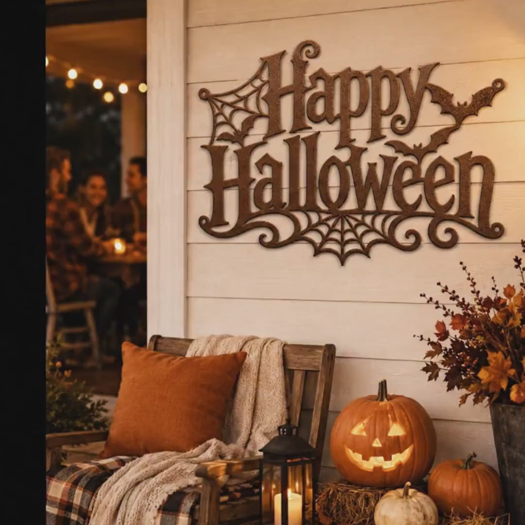 Happy Halloween Metal Sign, Gothic Bat Spiderweb Wall Art, White Fall Porch Entryway Accent, Spooky Seasonal Mantel Home Decoration