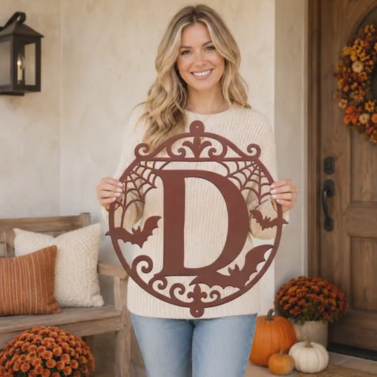 Halloween Circular Monogram Metal Sign, Spiderweb Initial Door Hanger, Bat Letter Wall Decor, Gothic Fall Entryway Home Art, Seasonal Accent