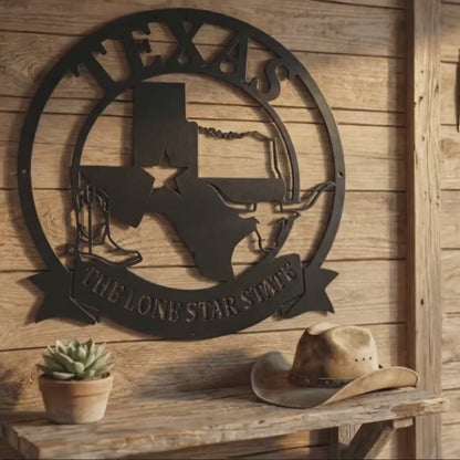 Texas Die Cut Metal Sign – Lone Star State Steel Wall Art – Rustic Western Ranch Decor – Texas Longhorn & Cowboy Boot