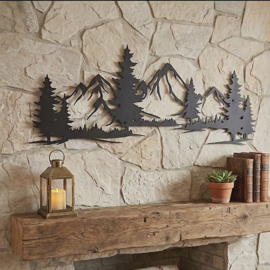 Mountain Wall Art, Rustic Metal Mountain Scene, Cabin Decor, Wilderness Wall Hanging, Forest Landscape Metal Sign, Nature Home Decor