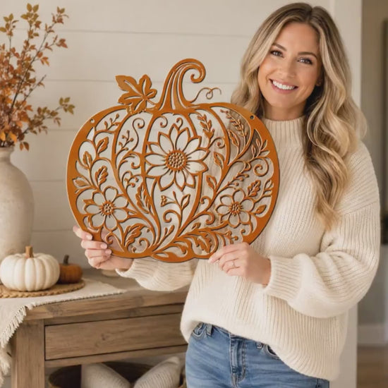 Floral Pumpkin Metal Sign, Fall Harvest Wall Decor, Autumn Porch Art, Rustic Home Accent, Farmhouse Plaque, Thanksgiving Entryway Decoration