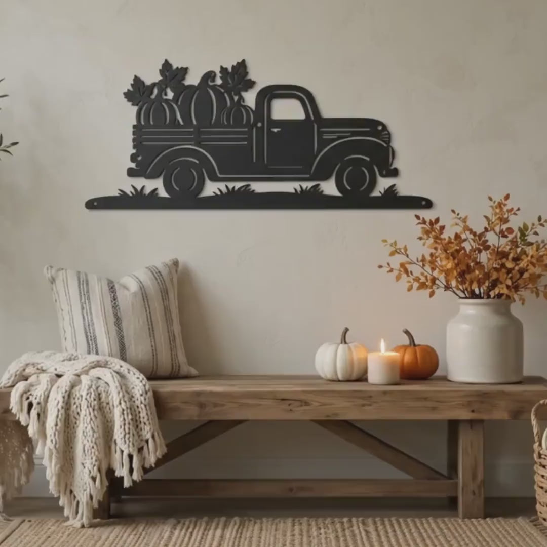 Fall Pumpkin Pickup Metal Sign, Vintage Harvest Truck Wall Decor, Farmhouse Autumn Entryway Art, Rustic Thanksgiving Country Home Accent