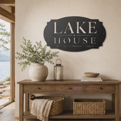 Lake House Metal Sign, Relax Unwind Enjoy Wall Decor, Waterfront Cabin Plaque, Rustic Cottage Gift, Outdoor Porch Entryway Lodge Accent
