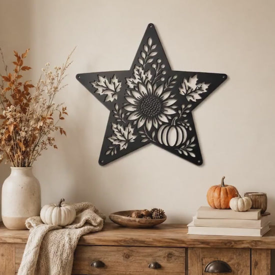 Autumn Sunflower Star Metal Sign, Pumpkin Fall Floral Wall Decor, Harvest Botanical Steel Art, Maple Leaf Farmhouse Home Accent